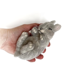 Sleeping baby bunny, gray needle felted wool waldorf decor.