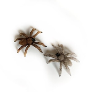 Little gray and brown wool felt spiders, twoo needle felted creepy halloween web decor spider.