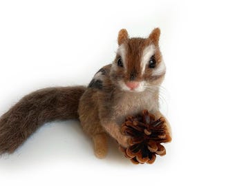 Needle Felted Wool Fluffy Chipmunk sculpture: Christmas Decor Ornament figurine