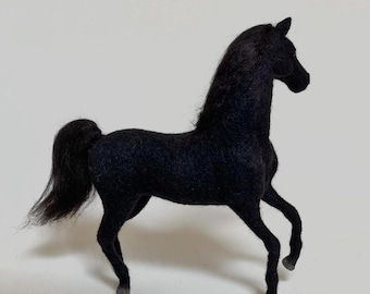 Realistic black wool horse sculpture, rider gift rich in detail needle felted horse figure.