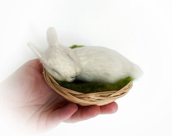 Sleeping white bunny figurine with basket, wool waldorf needle felted bunny.