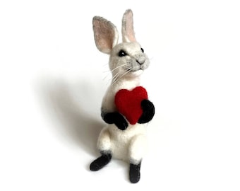 Soft wool easter bunny figurine with heart, Mothers day, Valantines day gift needle felted bunny.