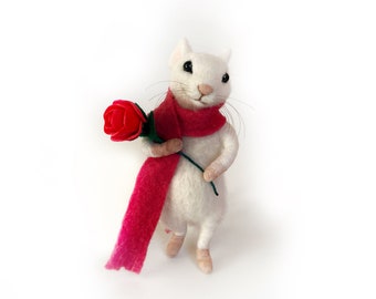 White Wool Mouse with Red Roses - Sweet Valentine's Day gift idea