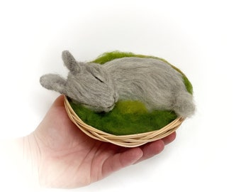 Gray needle felted sleeping bunny figurine, organic wool waldorf rabbit.
