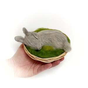 Gray needle felted sleeping bunny figurine, organic wool waldorf rabbit.