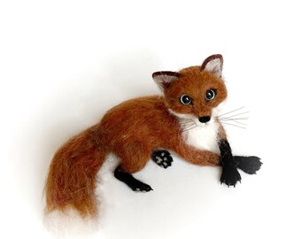 Wool RED FOX christmas decor sculpture, needle felted forest fox figurine.