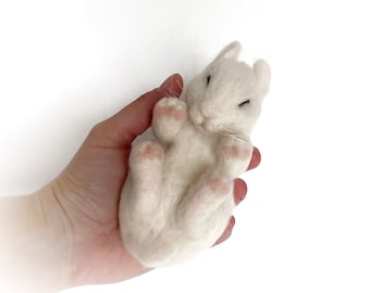 Needle felted sleeping baby bunny, pure wool white waldorf rabbit.