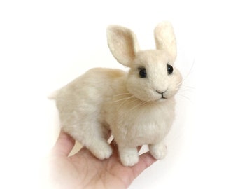 Needle felted EASTER BUNNY, fluffy white wool 3D rabbit sculpture.