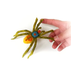 Needle felted rainbow wool toy spider, handmade creepy halloween decor spider.