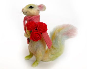 Needle Felted Rainbow Color Chipmunk Figurine: Pure Wool Decor Sculpture