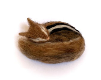 Wool needle felted sleeping woodland chipmunk, fluffy for nature lovers gift figurine