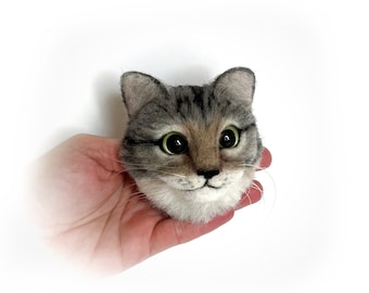 Needle felted gray tabby cat portrait brooch, wool kitten ornament pin.