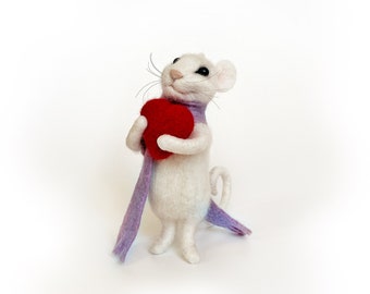 Cute Valentine’s day mouse doll with heart, sweet needle felted wool white mouse figurine.