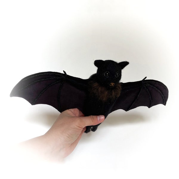 Halloween decor bat doll, wool needle felted bat figurine.