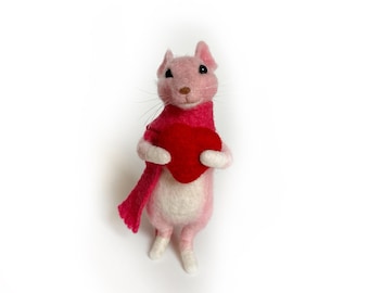Pink Mouse Figurine with Heart: Needle Felted Wool Holiday Decor