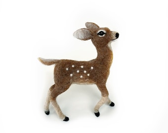 Graceful needle felted fawn figurine, pure wool christmas decor fawn sculpture.