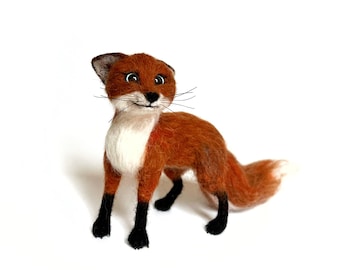 Cute needle felted handmade RED FOX figurine, fluffy forest fox sculpture.