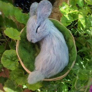 Gray Needle Felted Sleeping Bunny Figurine, Organic Wool Waldorf Rabbit ...