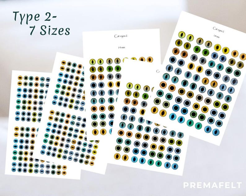 The image shows a depicting different cat eyes template pattern for needle felting depicting  in front of a white room interior.