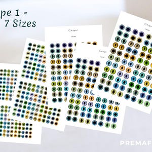 The image shows a depicting different cat eyes template pattern for needle felting depicting  in front of a white room interior.