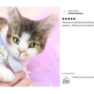 The picture shows a needle felted cat face decoration made of wool, with a feedback text next to it about how much the person who bought it liked it