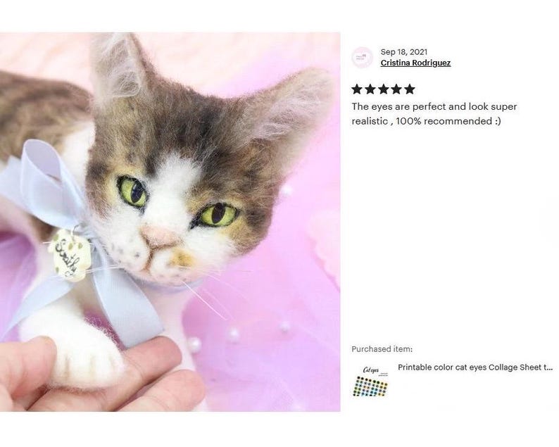 The picture shows a needle felted cat face decoration made of wool, with a feedback text next to it about how much the person who bought it liked it