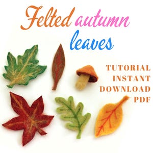 Könnte beinhalten: Filz-Herbstblätter-Tutorial, sofortiger PDF-Download. Das Bild zeigt sechs Filzblätter in verschiedenen Farben und Formen, darunter grün, gelb, orange und rot. Es gibt auch einen Filzpilz.