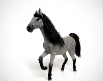 Realistic gray mustang horse, needle felted wool rider gift figure, horse lover decor sculpture