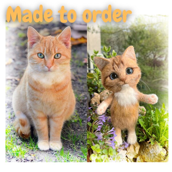 Wool cat doll portrait, custom needle felted kitten memory replica. No realistic, toy looking, made to order.