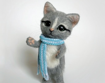 Needle Felted Wool Cat Doll, Gray Kitten Sculpture
