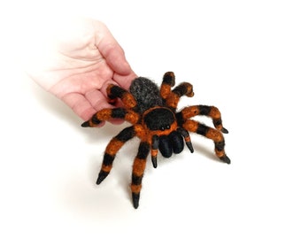 Handmade wool tarantula spider, needle felted creepy halloween web decor.
