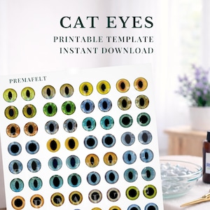 印刷可能なカラー猫の目テンプレート：ニードルフェルトの子猫と編みぐるみ用品（デジタルダウンロード）