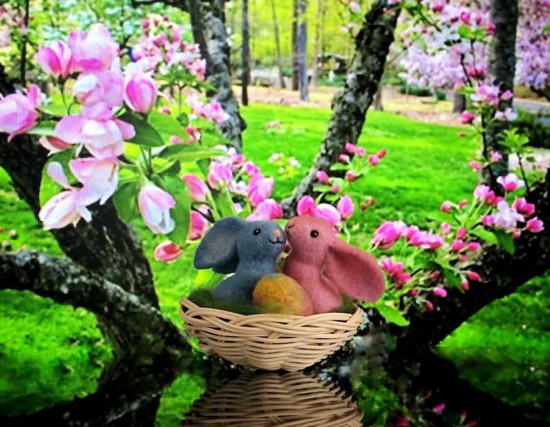 small felted pink-blue wool bunny. Cute colorful ornament easter bunnies