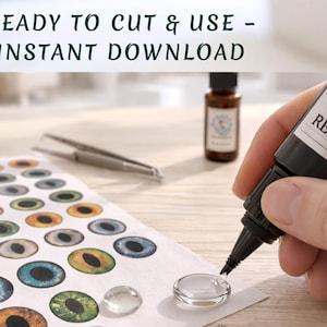 Pode incluir: Uma folha de desenhos de olhos em v&aacute;rias cores, com um frasco de resina UV e uma pin&ccedil;a. O texto "READY TO CUT & USE - INSTANT DOWNLOAD" est&aacute; no topo. Uma gota de resina transparente est&aacute; sendo criada.
