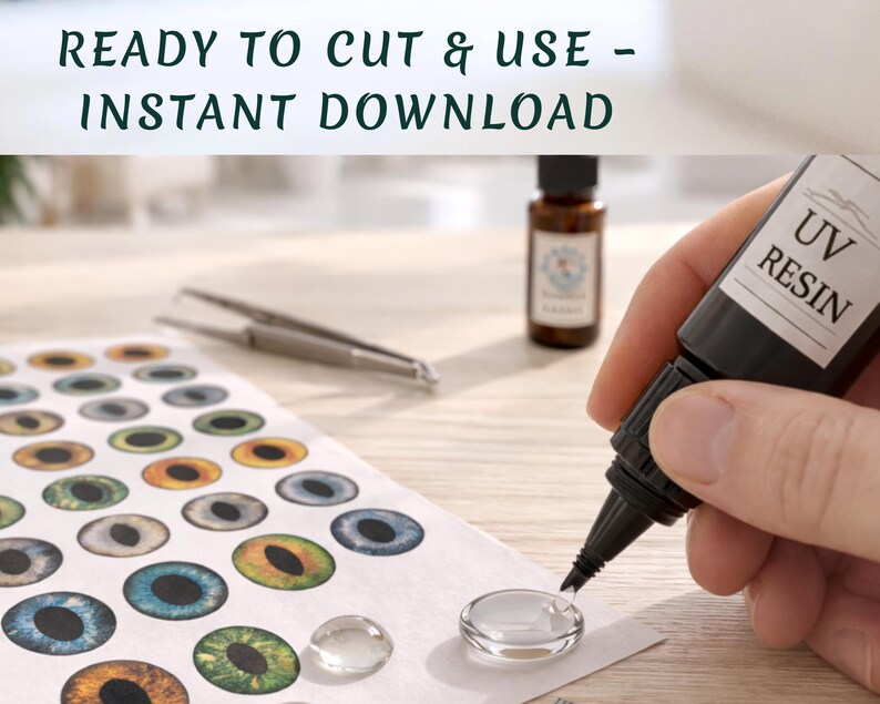 Pode incluir: Uma folha de desenhos de olhos em v&aacute;rias cores, com um frasco de resina UV e uma pin&ccedil;a. O texto "READY TO CUT & USE - INSTANT DOWNLOAD" est&aacute; no topo. Uma gota de resina transparente est&aacute; sendo criada.