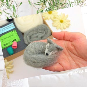 In the picture, a fluffy wool toy wolf lies curled up in a person's palm.