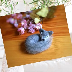 In the picture, a fluffy wool toy little wolf is lying curled up