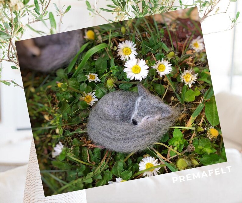 In the picture, a fluffy wool toy little wolf is lying curled up in the green grass.