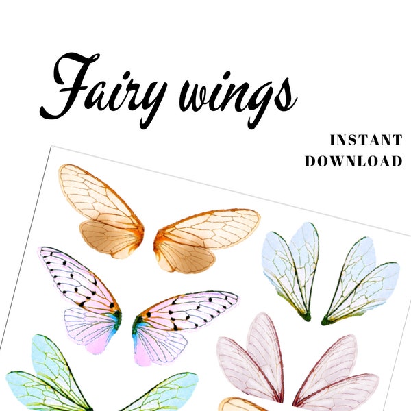 Printable transparent FAIRY WINGS Collage Sheet to jewellery, handmade dolls, invitations cards, scrapbooks, cakes. Digital download file.