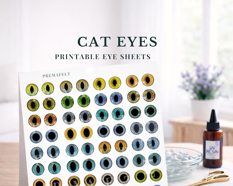 The image shows a collage sheet depicting cat eyes of different colors on a white background. Above it are cat eyes, instant download with an inscription.