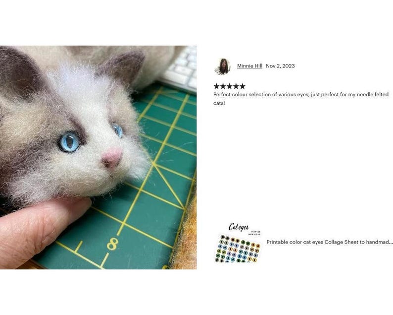 The picture shows a needle felted cat face decoration made of wool, with a feedback text next to it about how much the person who bought it liked it
