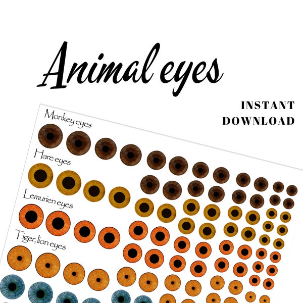 Printable color animal eyes Collage Sheet to handmade dolls, figurines, needle felted animals. Digital download PNG file.