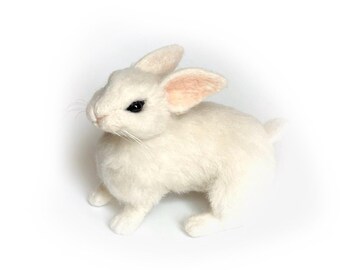 Soft handmade WHITE BUNNY 3D figurine, realistic needle felted fluffy bunny sculpture.
