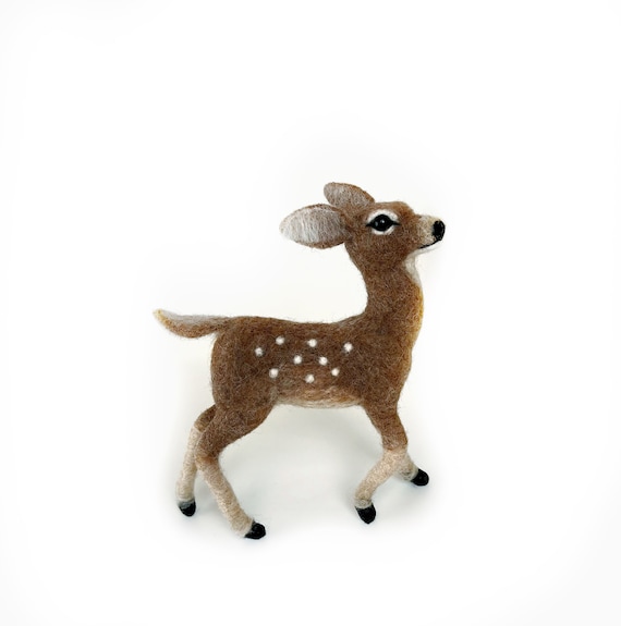 Graceful needle felted deer fawn figurine, pure wool christmas decor sculpture.
