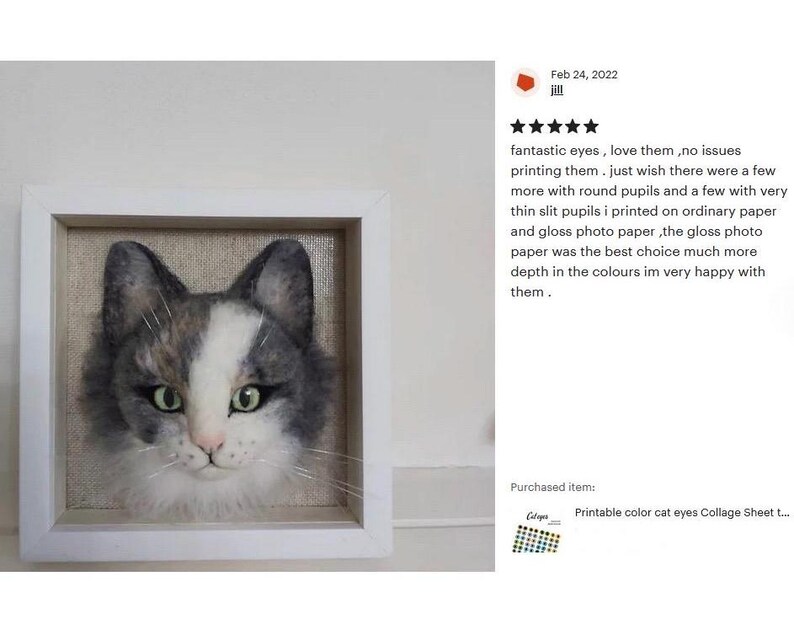 The picture shows a needle felted cat face decoration made of wool, with a feedback text next to it about how much the person who bought it liked it