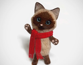 Needle Felted Siamese Kitten: Handmade Wool Cat Doll with Red Scarf