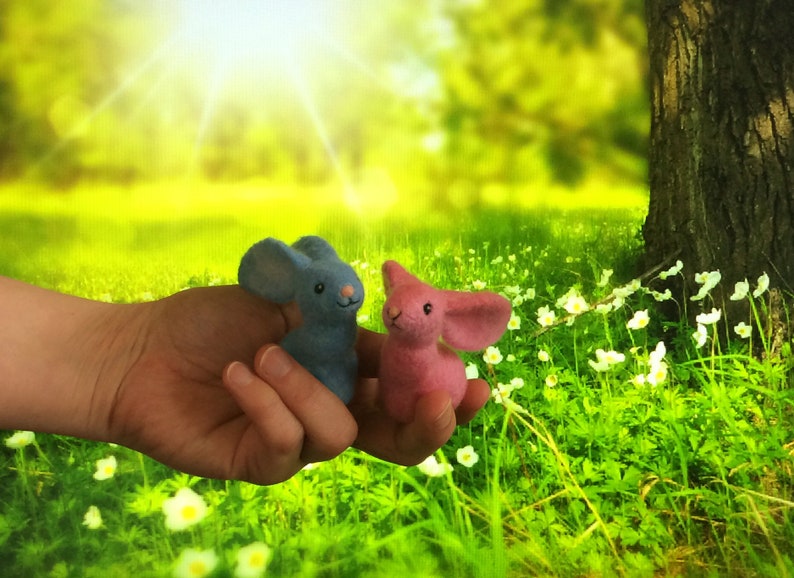 small felted pink-blue wool bunny. Cute colorful ornament easter bunnies