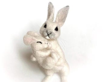 Needle Felted Bunny Family: Wool Mother and Baby Bunny Figurine