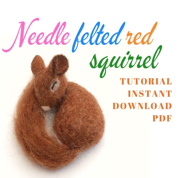 DIY sleeping wool squirrel tutorial PDF, digital download needle felted red squirrel making guide.