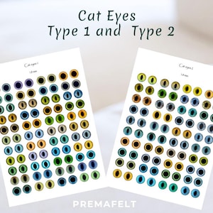 The image shows a depicting different cat eyes template pattern for needle felting depicting  in front of a white room interior.